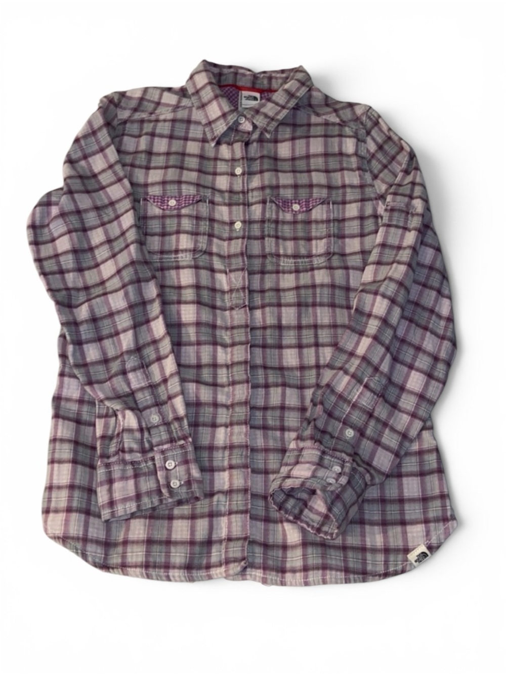 The North Face Women’s Medium Long Sleeve Button Up Gray And Purple Plaid Shirt